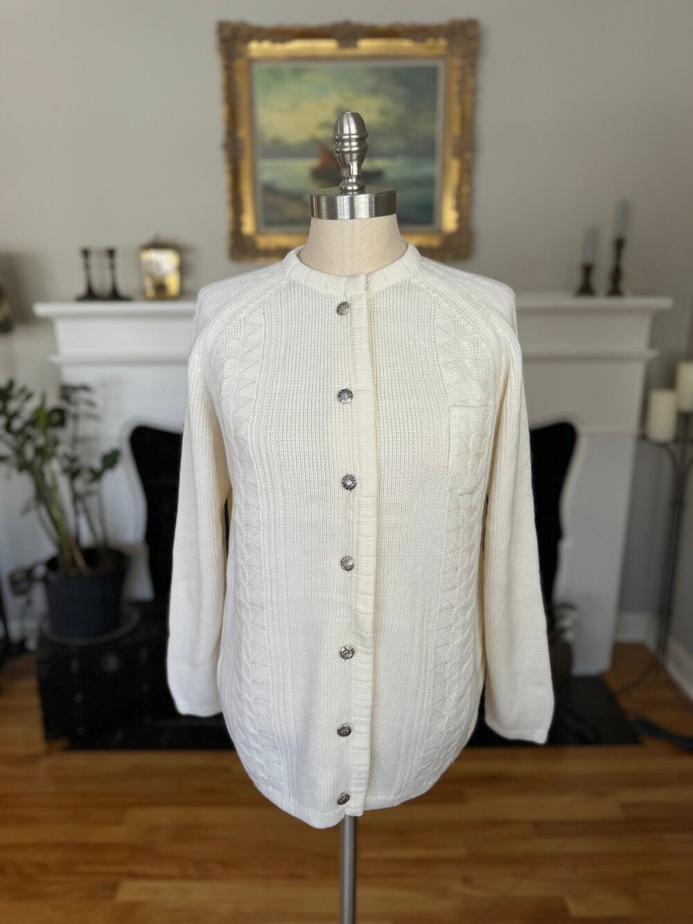 Vintage 70s Off White Cable Knit Cardigan Sweater Silver Buttons Women M Preppy